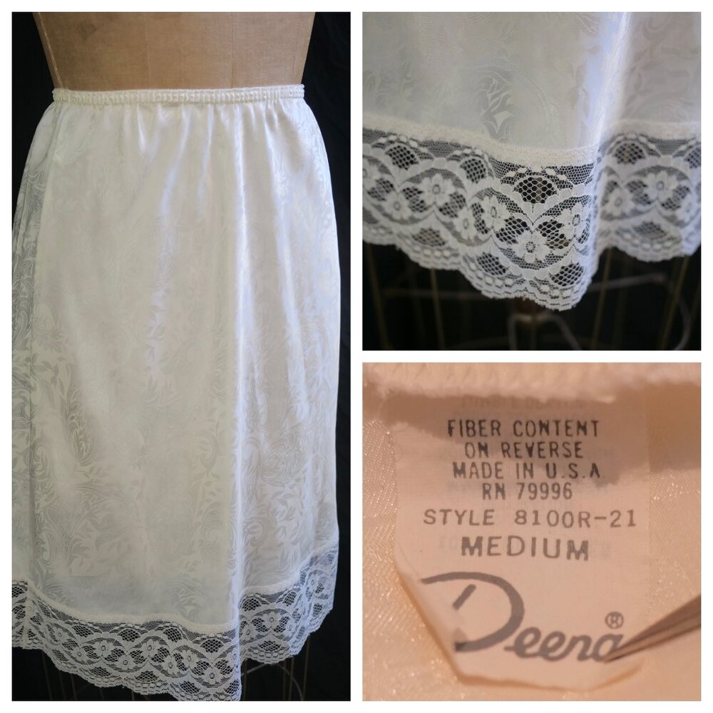 vtg 70s DEENA Cream Floral Jacquard Half Slip LACE USA M Pin-Up Cottagecore EUC